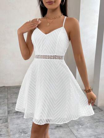 SHEIN Privé Women's Hollow Floral Trim Camisole Mini Dress,White Graduation Dress