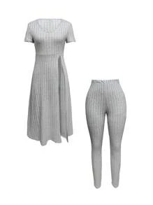 SHEIN LUNE Ladies' Sleeveless Ribbed Split Hem Long T-Shirt And Pants Two-Piece Set