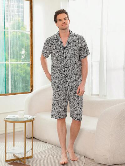 Men's Printed Short Sleeve Shirt And Shorts Homewear Set With Single-Breasted Closure