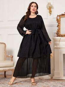 Al Najma Vestido árabe con cintura ceñida, doblez con volantes de doble capa para mujeres de talla grande - Negro - Ver 4