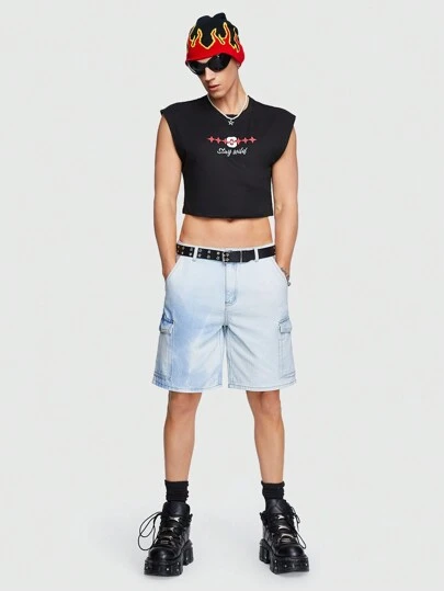 ROMWE MEN ROMWE Avant Men's Stone Washed Cargo Denim Shorts, Suitable For Daily Wear In Spring And Summer