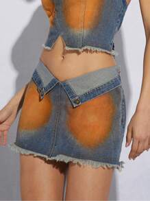 SHEIN Unity Women's Frayed Waist Fold Over Denim Skirt - Orange - View 1