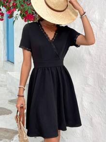 SHEIN Frenchy Summer Wedding Backless Lace Spliced Waist Gathering Dress Black Casual - Black - View 5