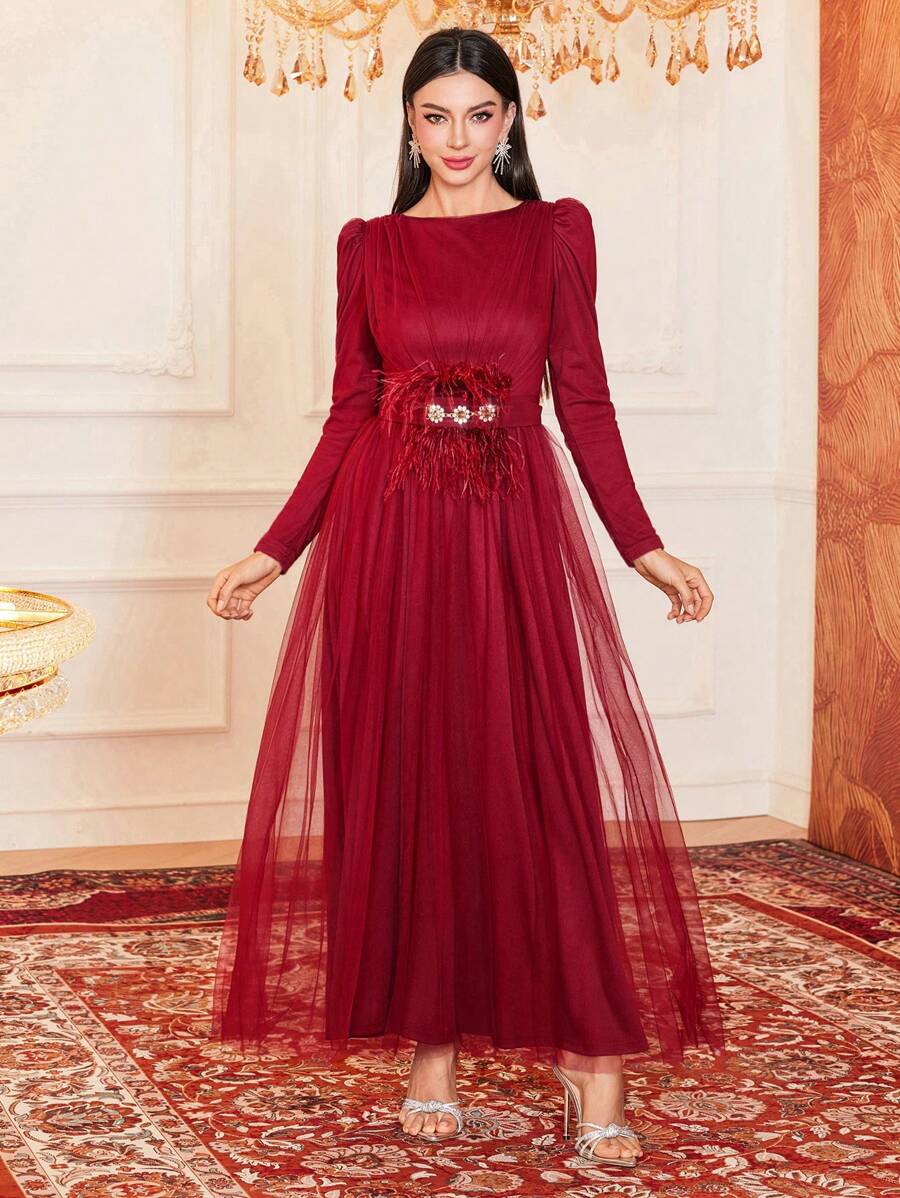 Modelyn Burgundy Red Women's Round Neck Bubble Long Sleeves Mesh Hem Abaya Dress,Elegant Evening Party Dress Long Evening Dresses - Burgundy - View 1