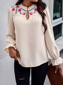 SHEIN Clasi 女裝花朵刺繡立領長袖襯衫 - 杏色 - 查看 3