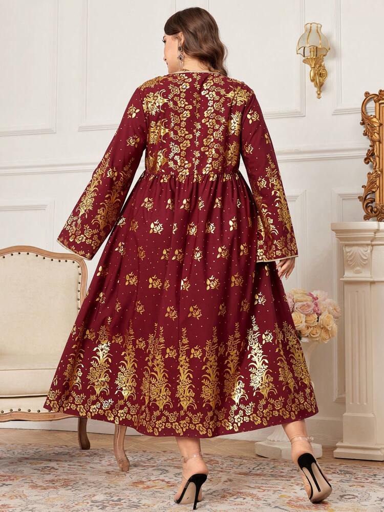Burgundy Red Plus Size Women's Embossed Print Arabian Style Waist-Cinching Dress Kaftan Jalabiya Dress