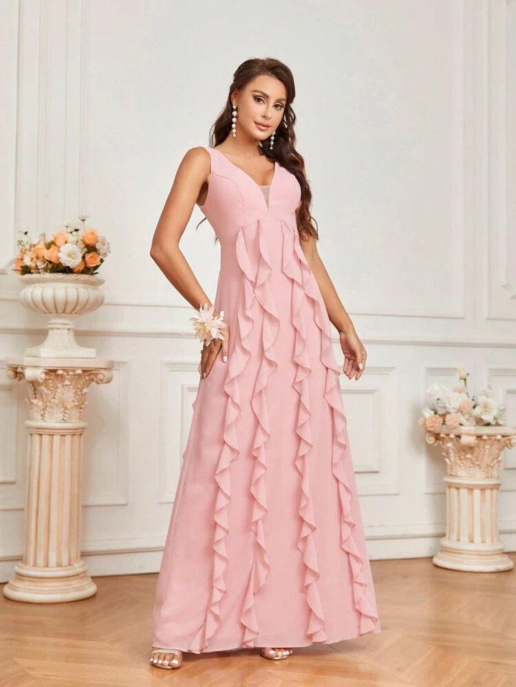 Elegant And Romantic Pink Women's Adult V-Neck Sexy Backless Chiffon Ruffled A-Hem Dress Festival Vacation Graduation Season Bridesmaid Dress