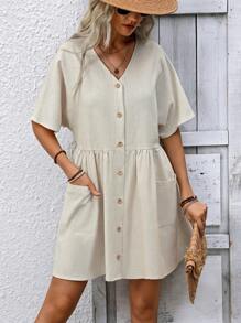 SHEIN Holidaya Tuta da donna a manica lunga con scollo a V, colletto alla peter pan e monopetto - Albicocca - Visualizzare 1