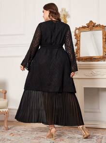Al Najma Vestido árabe con cintura ceñida, doblez con volantes de doble capa para mujeres de talla grande - Negro - Ver 6