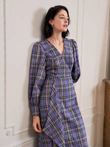 SHEIN Frenchy 泡泡袖不对称下摆格子连衣裙 - 彩色 - 查看 3