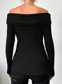 RueChic Women's Slim Fit Off Shoulder Sweater - Black - View 2