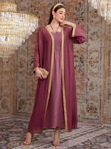 Modelyn Women's Golden Belted Coat And Halter Neck Dress Two Piece Set - Red Violet - View 7