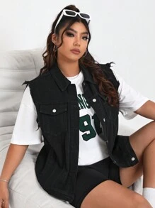 SHEIN ICON 加大碼女裝單排扣無袖牛仔外套 - 黑色 - 查看 3