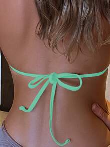 SHEIN Swim Women's Ruched Halter Bikini Top, For Summer Beach Vacation - Mint Green - View 2