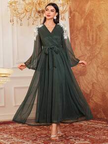 Modelyn Women's Beaded Embroidery Shawl Wrap Dress,Elegant Evening Party Dress Long Evening Dresses - Green - View 2