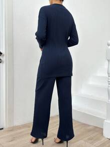 SHEIN Cottnline 女士圓領長袖條紋 T 恤和喇叭褲兩件套 - 藏蓝色 - 查看 2