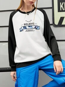 Streetz SHEIN Sport Color Block Letter Print Round Neck Sports Sweatshirt - Black and White - View 3