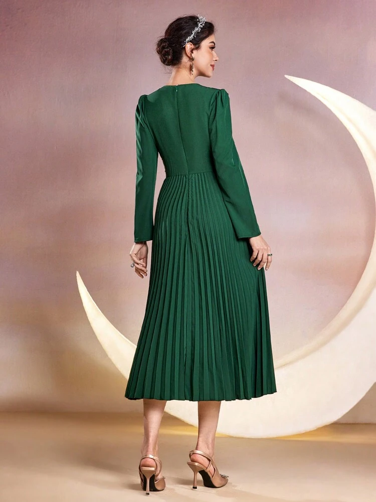 Women's Puff Sleeve Pleated Hem Dress, Elegant Evening Party Dress Long Evening Dresses