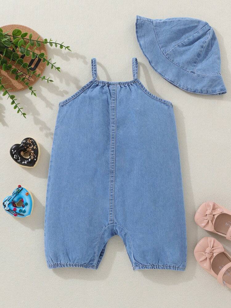 Baby Girl Donut & Letter Printed Denim Romper With Hat, Summer