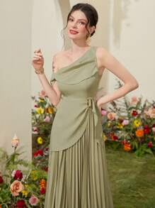 Modelyn Ladies' Solid Color Asymmetric Neckline Pleated Dress - Green - View 7