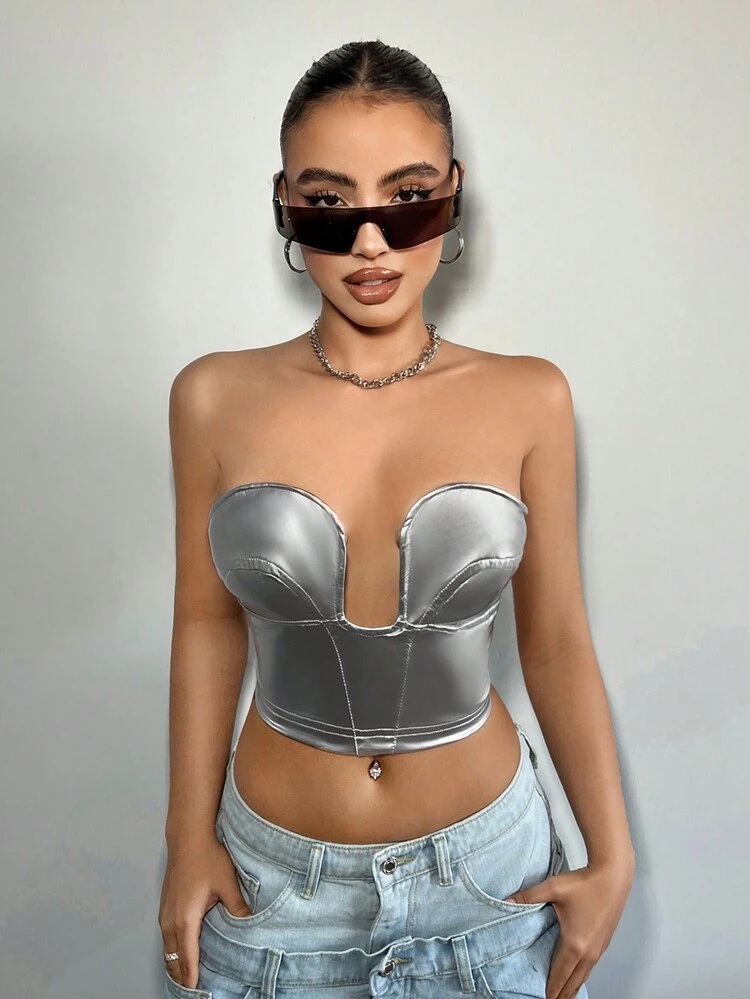 Women's Y2K Silver Solid Color Cropped Tube Top
