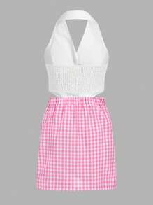 Teen Girls' Solid Color Halter Top And Plaid Mini Skirt Two Pieces Set - Multicolor - View 2