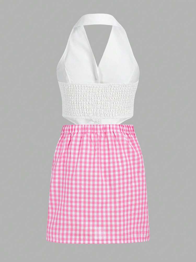 Teen Girls' Solid Color Halter Top And Plaid Mini Skirt Two Pieces Set