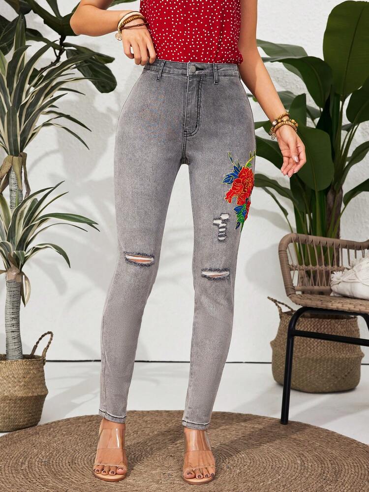 Women's Fashionable Embroidered Denim Long Pants