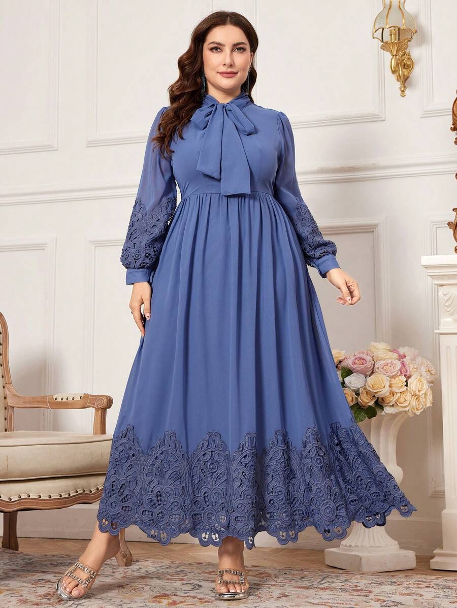 Modelyn Vestido De Talla Grande Con Cintura Alta De Gasa Y Paneles Transparentes Con Lazo De Cinta - Neblina azul - Ver 1