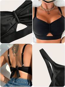 Swim DD+ Women's Summer Beach Solid Color Ruffle Sexy Bikini Top - Black - View 3