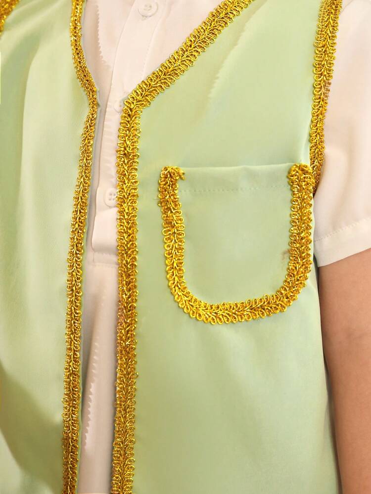 Young Boys' Patchwork Vest, Stand Collar Short Sleeve Shirt And Shorts 3pcs Outfit With Weaved Straps