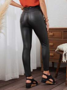 SHEIN LUNE سروال نسائي عصري عارض بلون صلب وقصة ضيقة وفتحة طويلة على الحافة - الأسود - مشاهدة 2