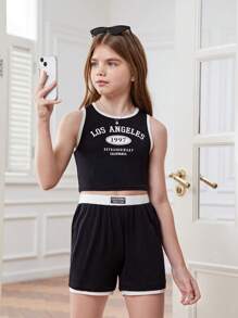 SHEIN Tween Girl Knitted Round Neck Color Block Crop Top And Shorts Set - Multicolor - View 5