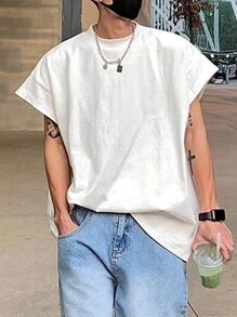 Claim Dot 男士純色圓領休閒無袖背心上衣，瘋狂狂歡派對裝扮，全白色純色都市時尚好友 - 白色 - 查看 6