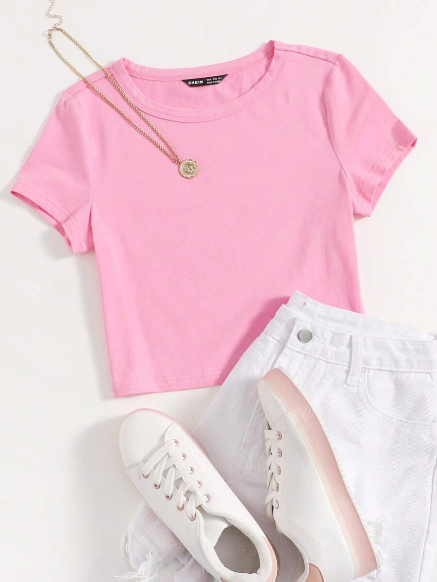 SHEIN EZwear 休闲纯色短款T恤，夏季百搭