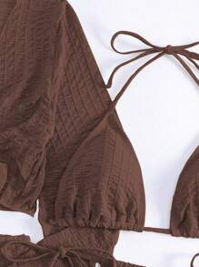 Swim Vcay Summer Beach Enfärgad Front Lace Up Textured Tyg Bikini Set - Kaffebrun - Visa 4
