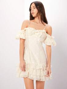 Enchnt Women's Cold Shoulder Ruffle Trim Spaghetti Strap Dress - White - View 1