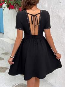 SHEIN Frenchy Summer Wedding Backless Lace Spliced Waist Gathering Dress Black Casual - Black - View 4