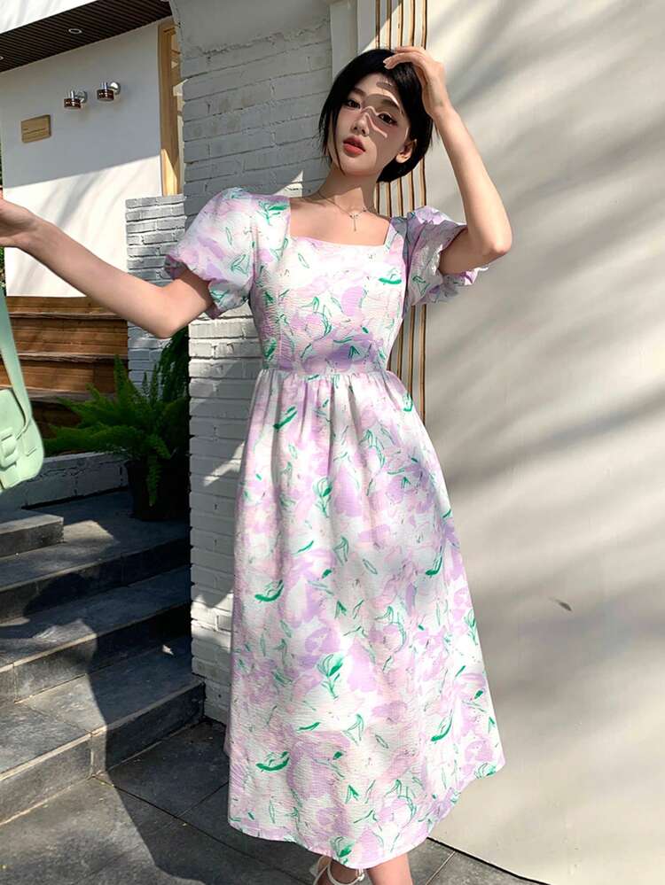 Women's Square Neck Puff Sleeve Long Dress Sundress Vacation Outfits Women Easter Boho