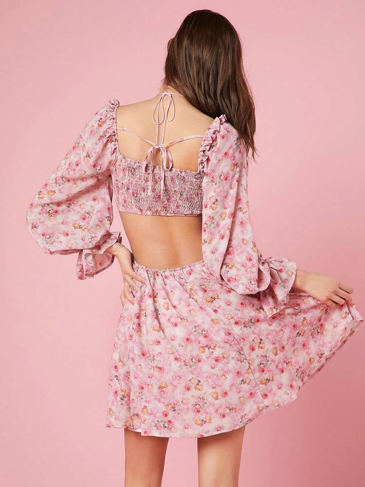 Women's Floral Print Hollow Out Waist Dress