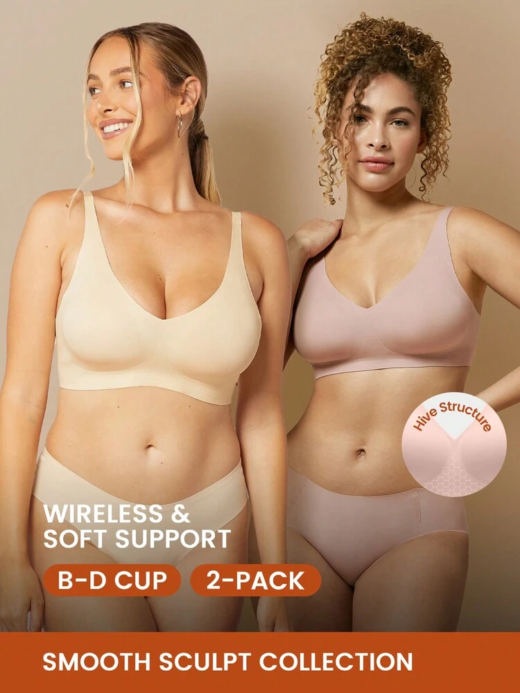Dream Curve 2ndSkin Purple Wireless Seamless Plunge Lounge T-Shirt Lingerie As Outerwear Bra Sticky Basic SizeFreedom Bra No Show Underwear Comfortable Must-Haves 2 Packs Also Suitable For Teen Girl & Young & Kid