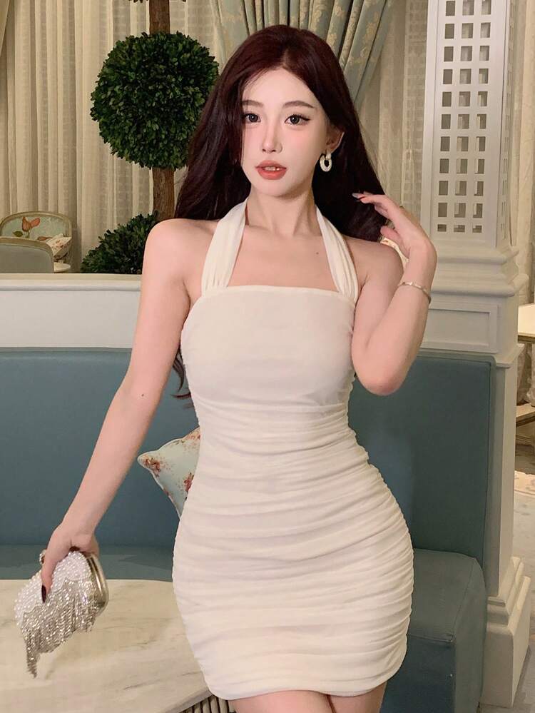 Ladies' Solid Color Halter Wrapped Backless Short Dress, Birthday Prom Dress Sundress,Dress For Wedding Elegant Women Dresses Cocktail Dress