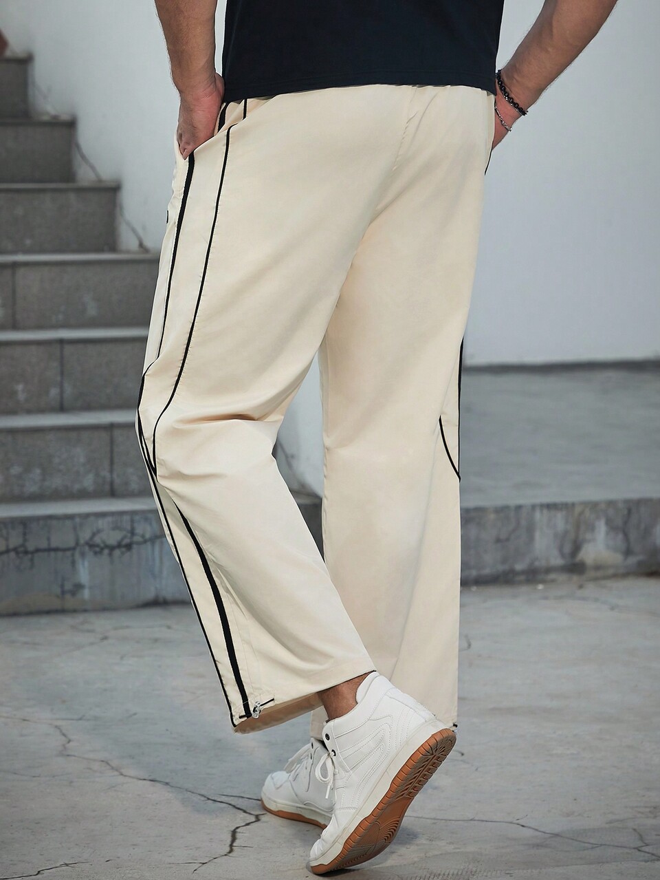 Men's Plus Size Color Blocking Drawstring Waist Pants With Decorative Stitching