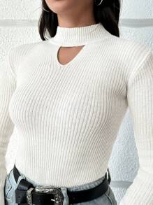 EURMUSE Choker Neck Ribbed Knit Sweater - Black and White - View 2