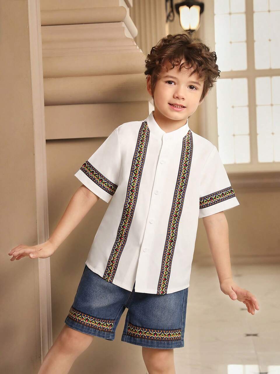 Boys'  Ribbon Embellished Shirt And Real Denim Shorts Set, 2pcs Jeans Shorts