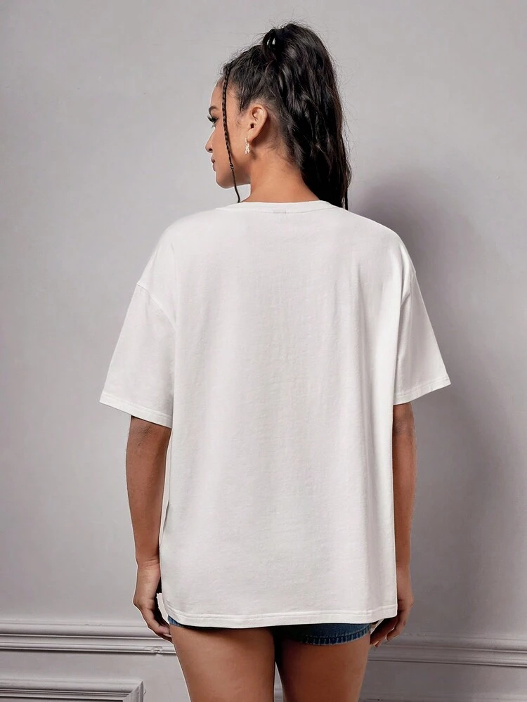 Romantic Butterfly & Letter Print Loose Fit Casual Knit T-Shirt