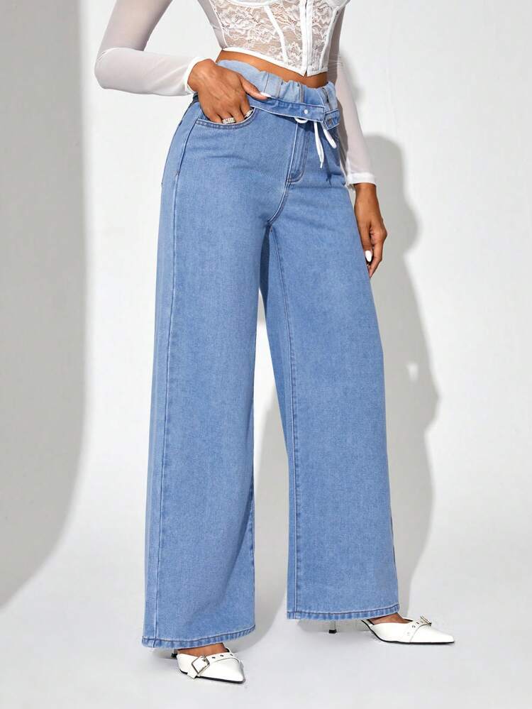 Women's Loose Fit Folded High Waisted Denim Jeans