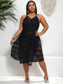 SHEIN Swim Curve 大尺寸純色中空度假風長袍,適用於各種場合,沙灘裝 - 黑色 - 查看 2