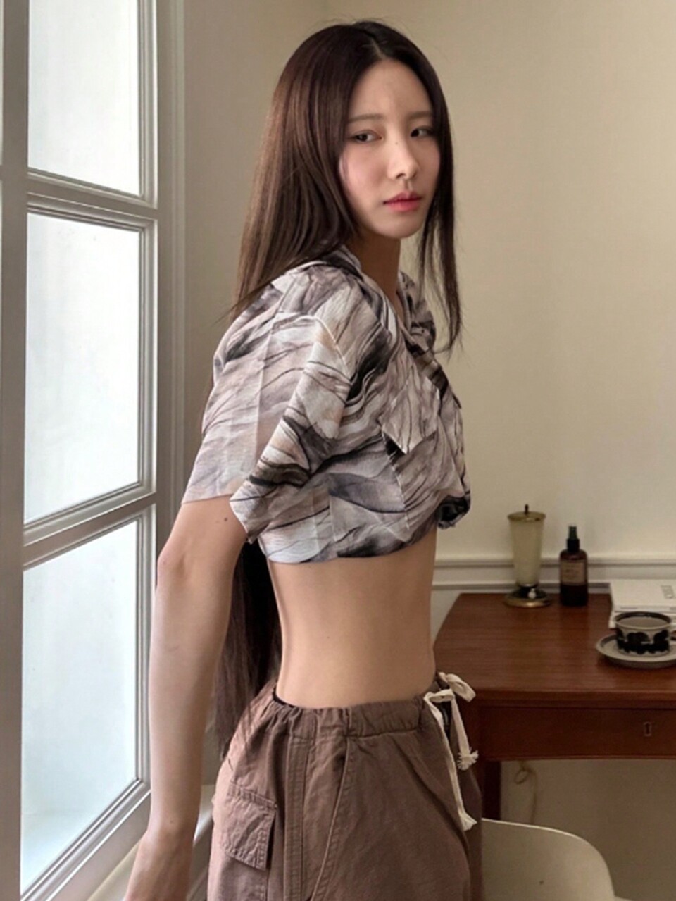 Women's Printed Lantern Sleeve Cropped Blouse