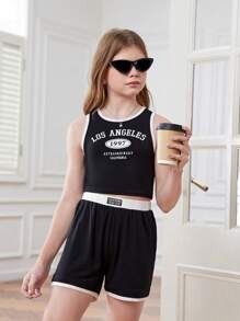 SHEIN Tween Girl Knitted Round Neck Color Block Crop Top And Shorts Set - Multicolor - View 1